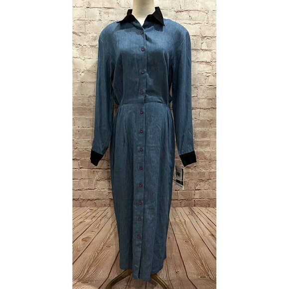 Vintage 90s Button Front Denim Chambray Midi Dress & Vest Long Modest Size 12 - Picture 1 of 11
